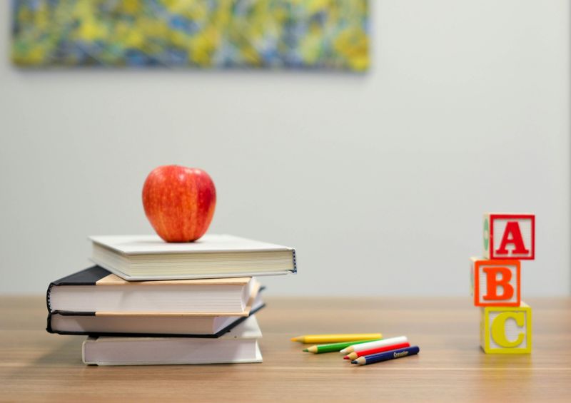 Educational materials such as books and pens for studying